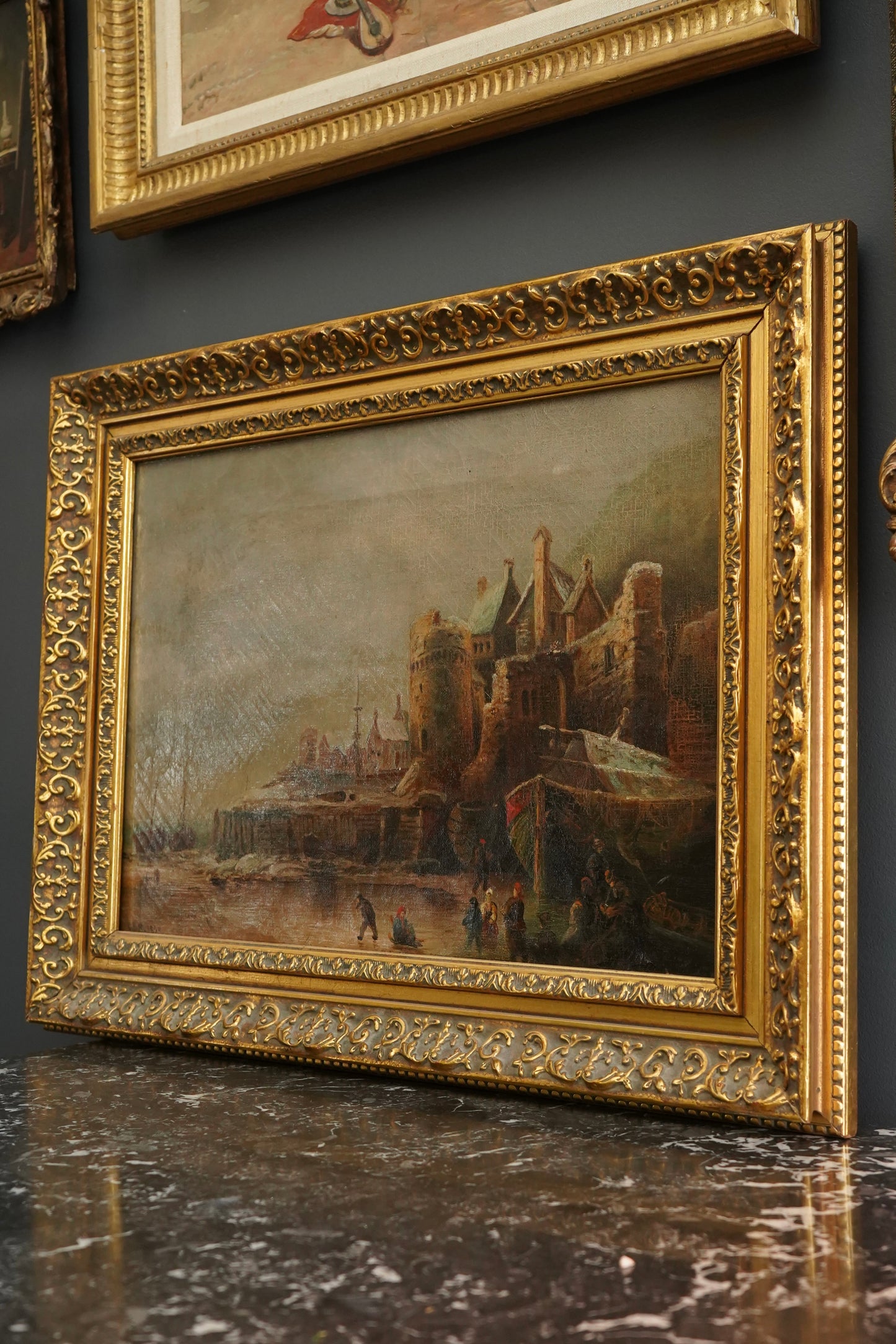 1894 Dutch Winterscape Oil Painting with Monogram in Antique Gilt Victorian Frame