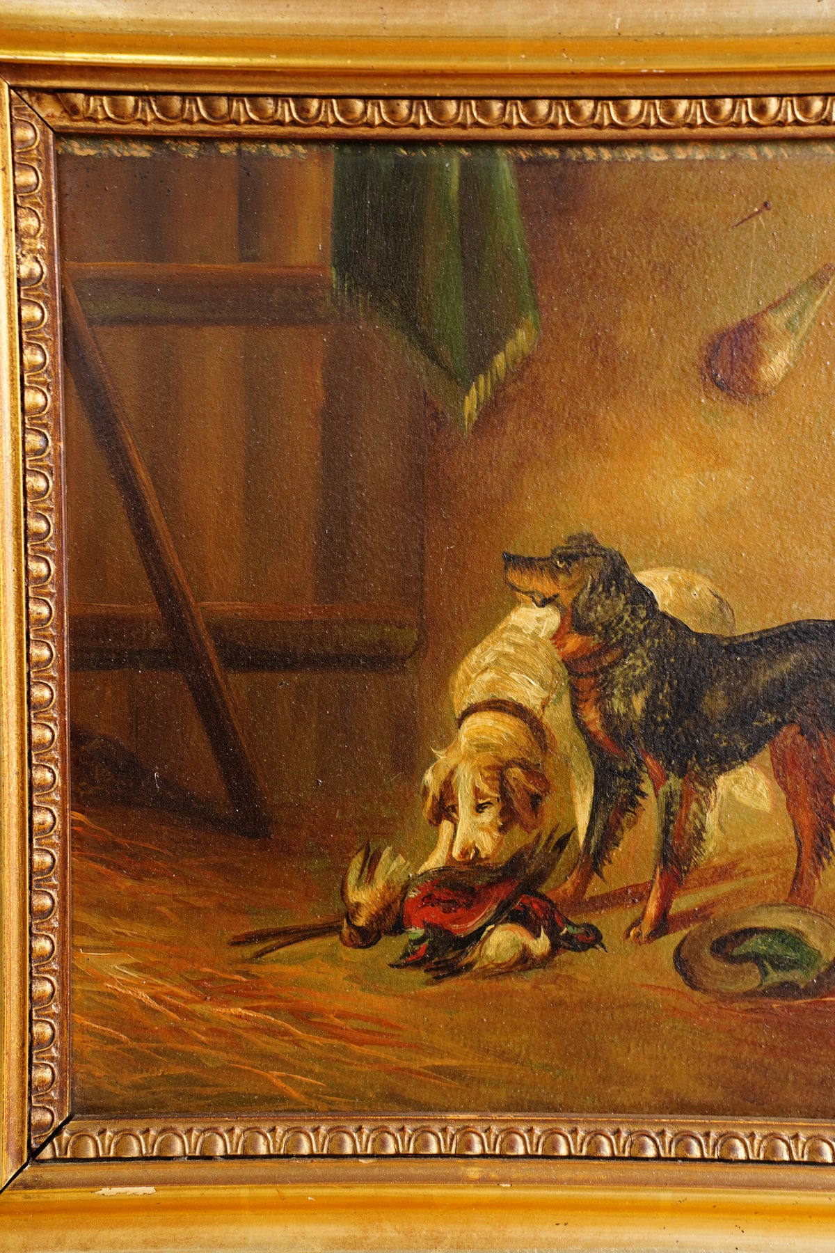 Antique European Hunting Dogs Interior Oil Painting, Circa 1890
