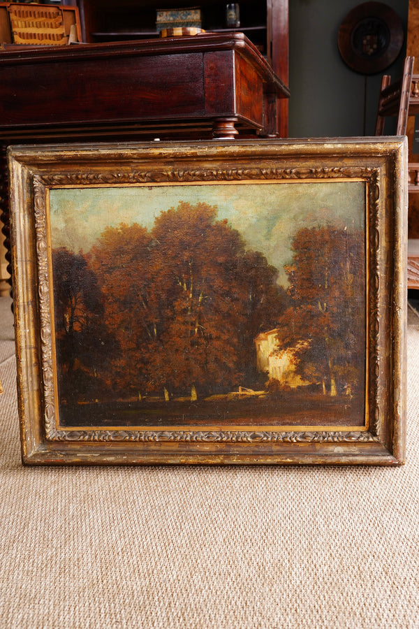 Antique French Oil Painting Autumn Woodland Landscape, Circa 1870