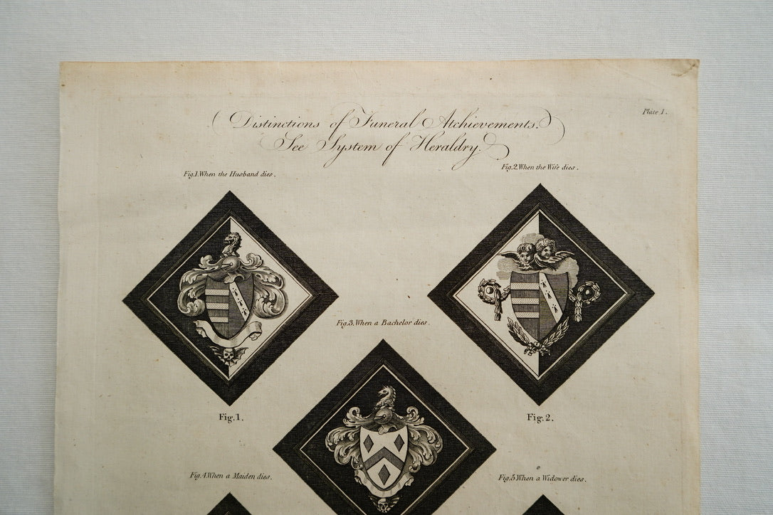 Antique Georgian Heraldry Engraving, Funeral Hatchments Diagram, c. 1790s, Plate 1