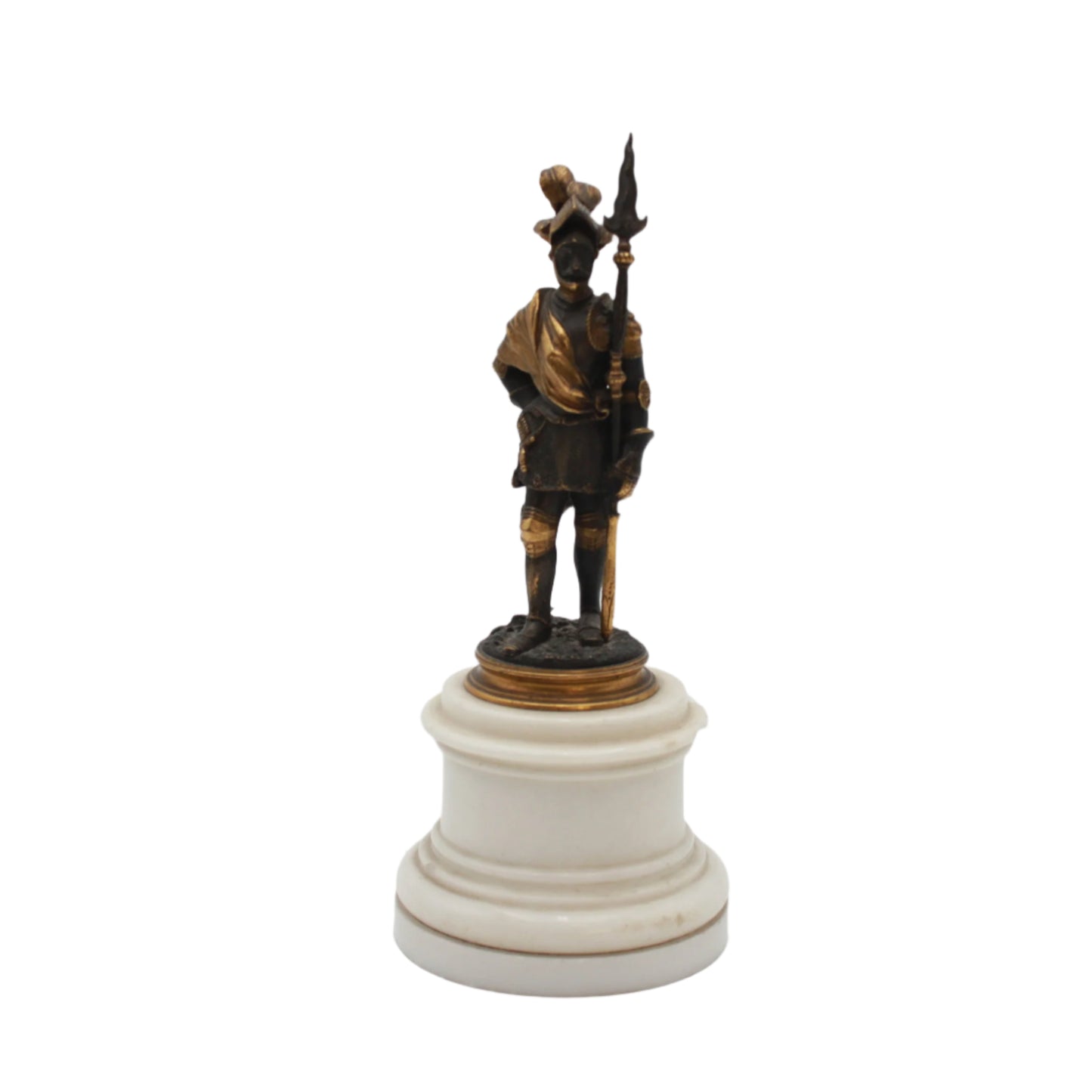 Antique French Bronze Renaissance Soldier Figure on Marble and Giltwood Base Circa 1880