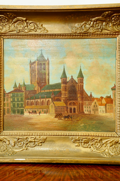 Antique Oil Painting, Maastricht Cathedral Town Scene, Circa 1910