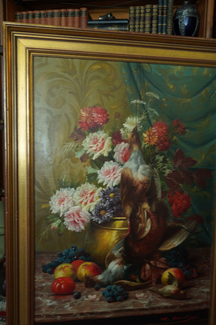 Signed Still-Life with Game Birds, Fruit, and Floral Urn Attributed to Max Albert Carlier (Belgian, 1872–1938)