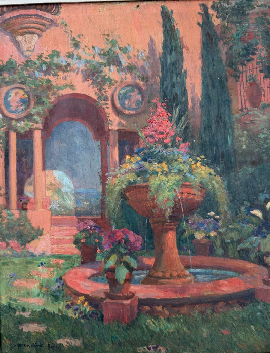 An oil painting of a Mediterranean garden courtyard with a central stone fountain, lush green cypress trees, and a terracotta archway, housed in a white wooden frame.