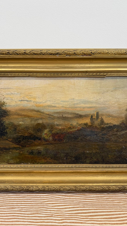 Antique English Oil Painting, Yorkshire Landscape with Ruins, Attributed to P. Carter, 19th Century
