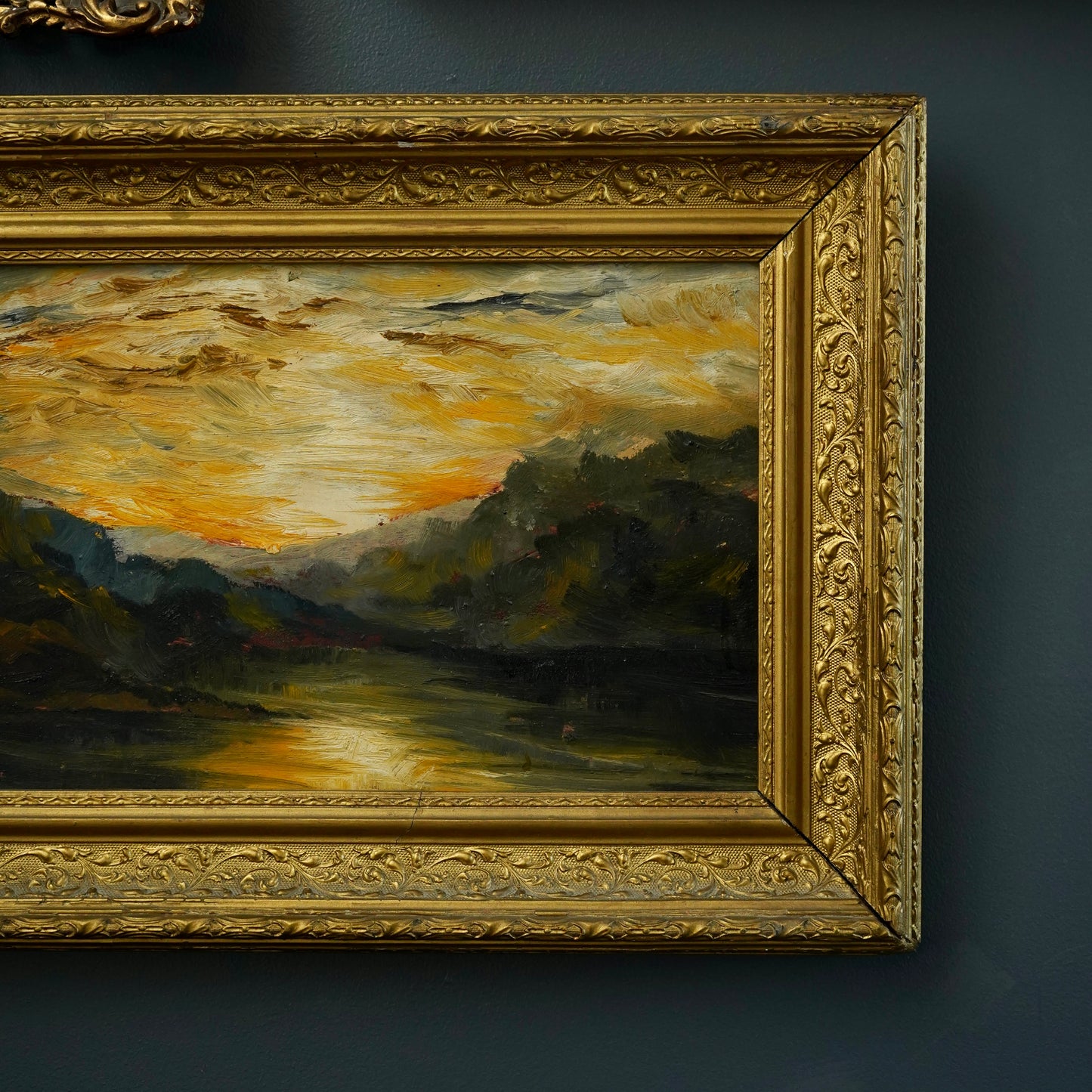 Early 20th Century Impressionist Oil Painting | Sunset Over River Valley in Gilt Frame