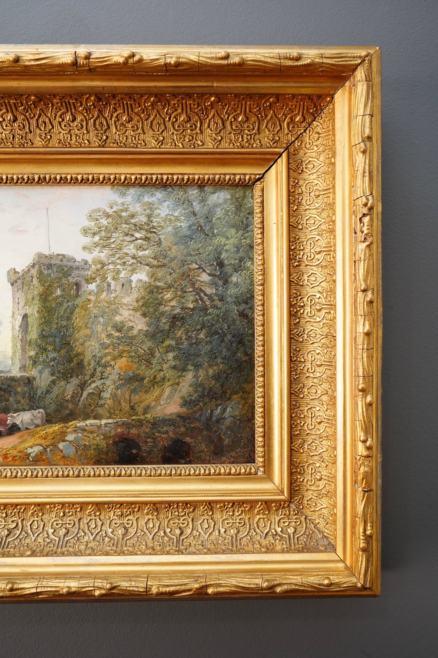 *Reserved for Beverly* Antique Victorian Oil Painting English Landscape Castle Ruins Gilt Frame