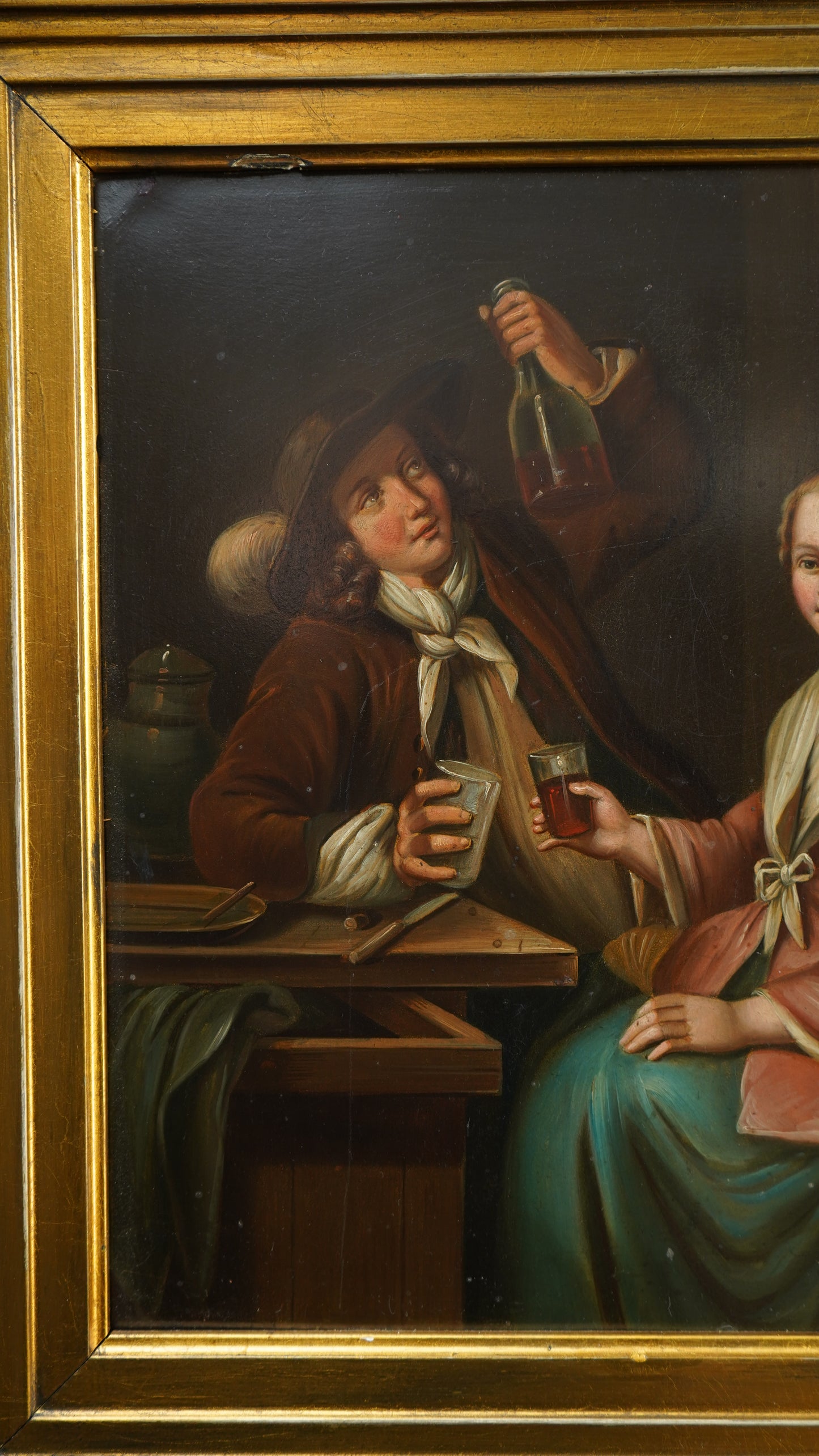 Antique Dutch Tavern Scene Oil Painting on Tin | 19th Century Genre Artwork in Ornate Frame