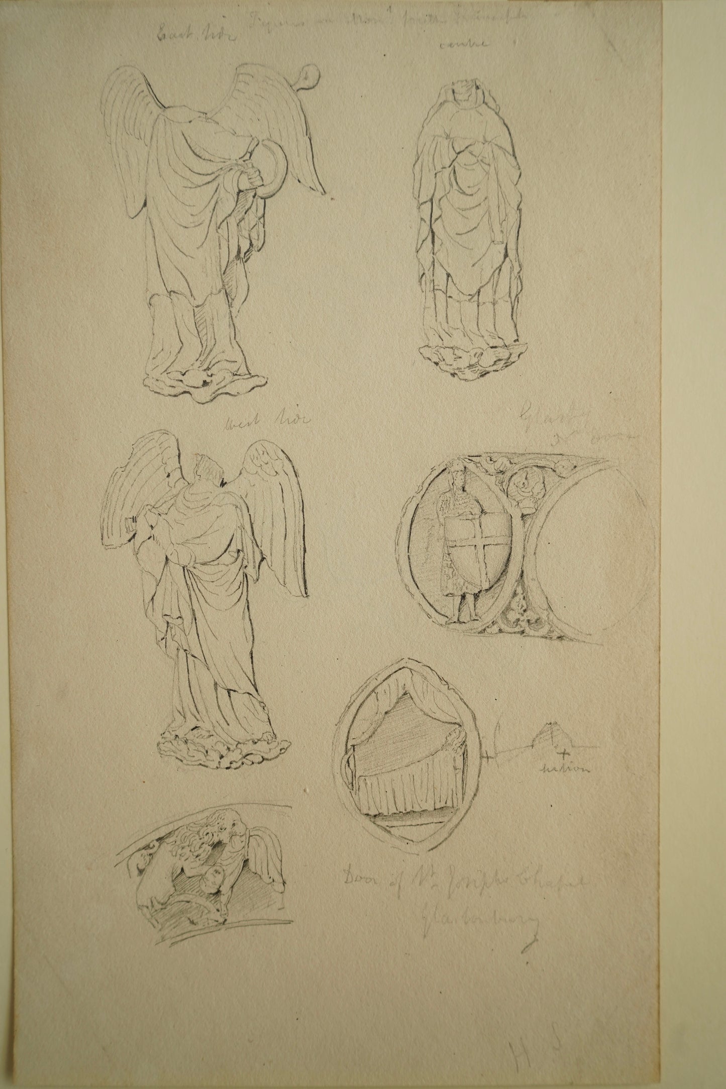 19th-Century Architectural Drawing Attributed to Henry Shaw | Angelic Figures & Glastonbury Chapel Ornament