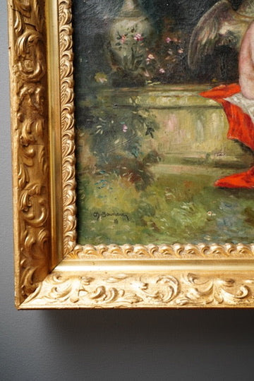 Antique Putti Oil Painting with Lute, Signed Baumann, Classical Garden Scene