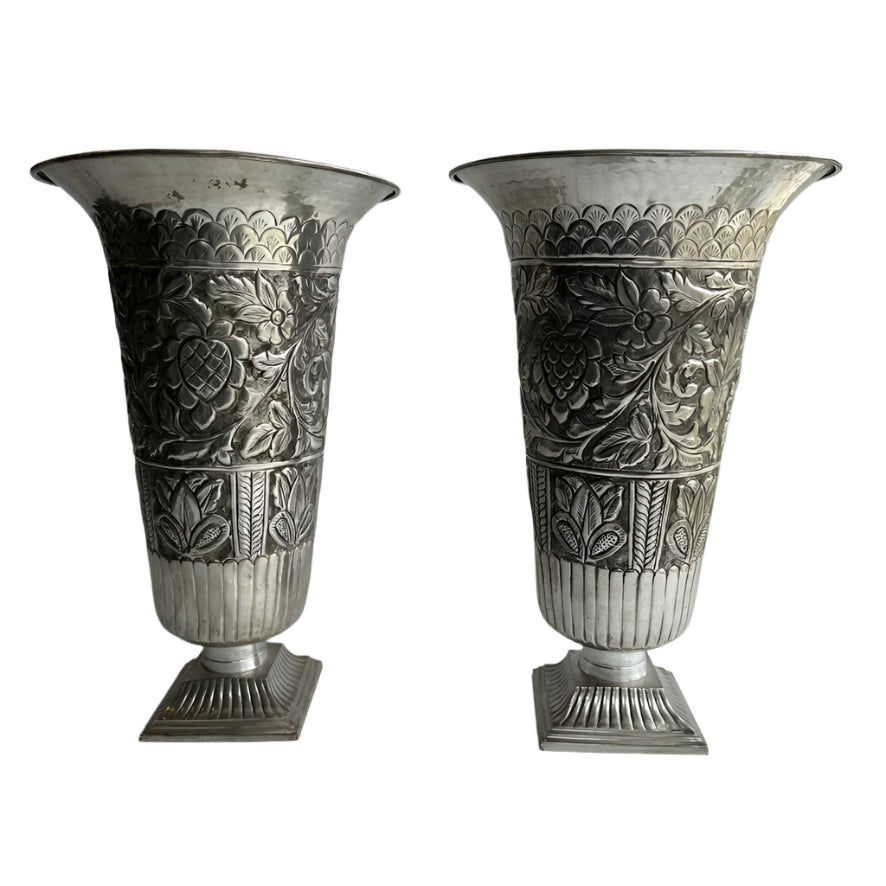 Large Pair of Vintage Silver Plated Repousse Urns