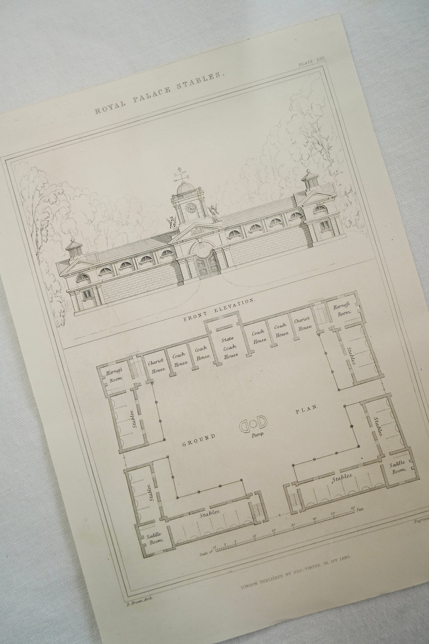 Antique Royal Palace Stables Architectural Engraving, Plate III, J. Le Keux, c. 1830–1860