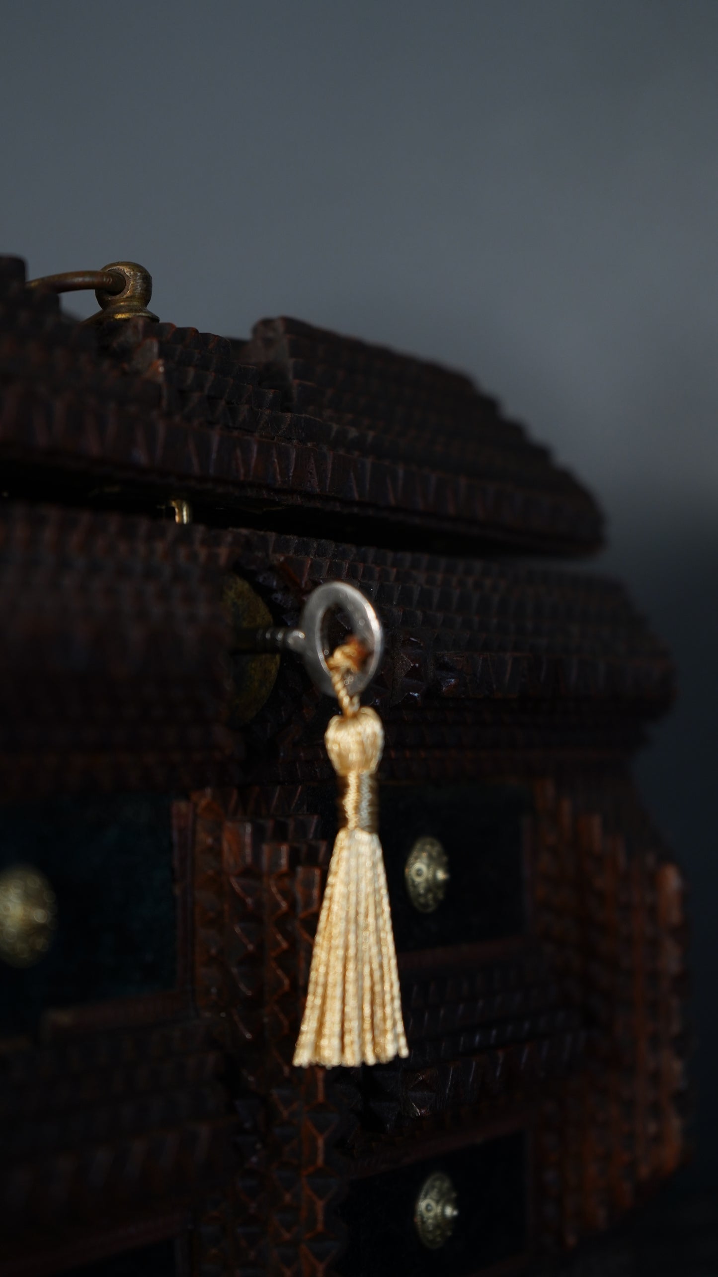 Antique Tramp Art Sewing Box with Drawers and Mirror, Hand-Carved Folk Art Keepsake Chest, Late 19th Century