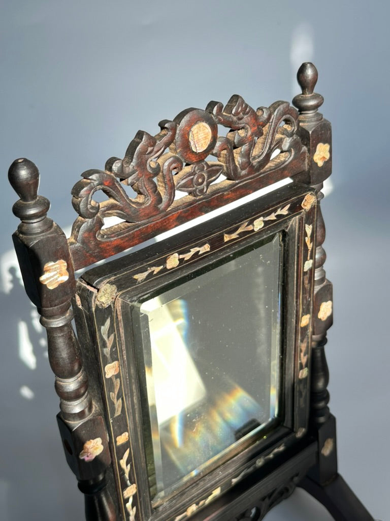 Antique Ebonized Wood & Mother-of-Pearl Vanity Tabletop Mirror