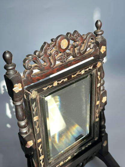 Antique Ebonized Wood & Mother-of-Pearl Vanity Tabletop Mirror