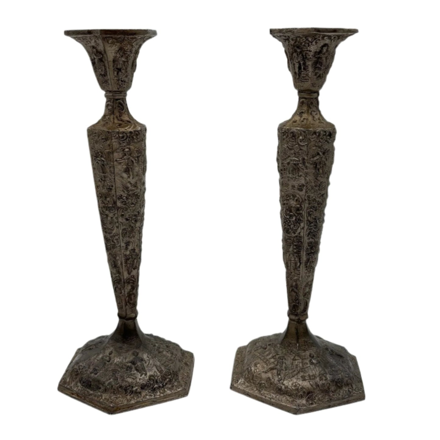 Pair of Weidlich Brothers Dutch Windmill Repoussee Silver Plated Candleholders, Pair of Vintage Silver-Plated Candlestick Holders