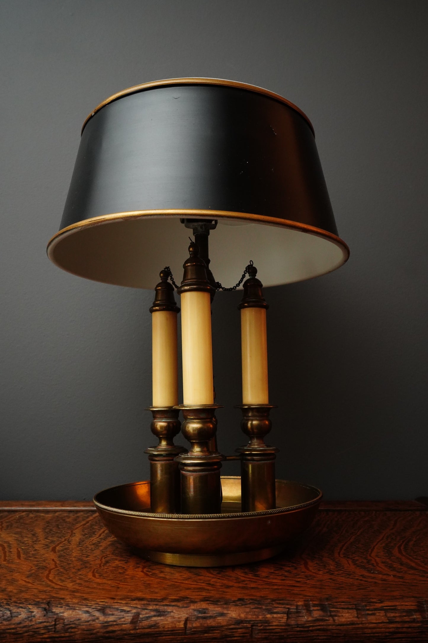 French Bouillotte-Style Three-Light Tole Shade Table Lamp, Black and Brass