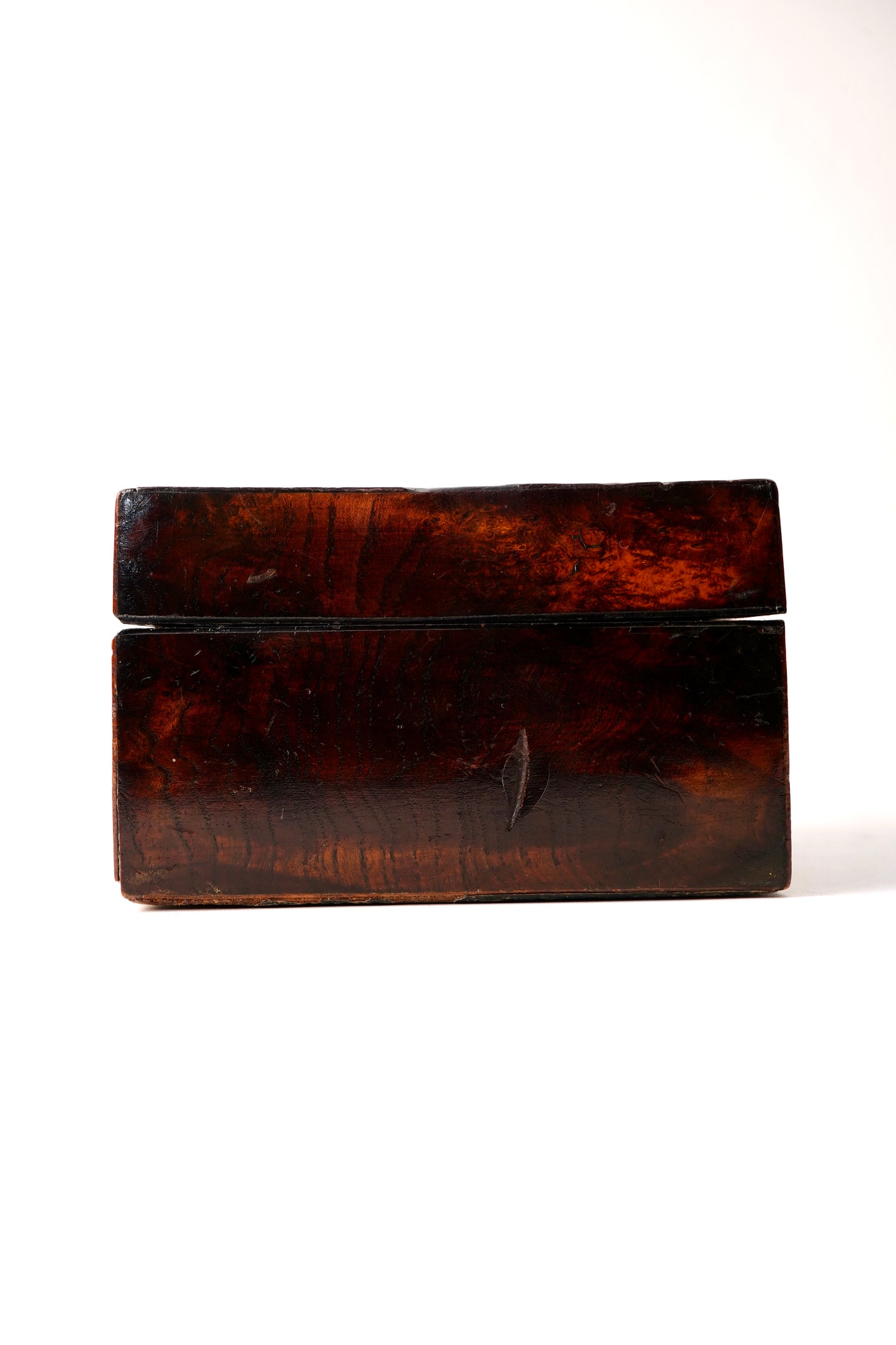 Miniature Antique English Burr Walnut Veneer Trinket Box with Blue Lining