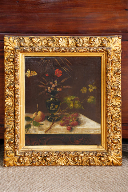 Antique Signed Dutch Still Life Oil Painting, Flowers and Fruit