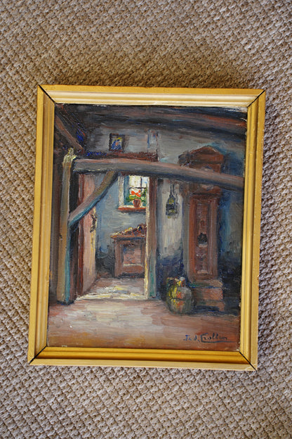 Vintage Flemish Interior Oil Painting, Cottage Doorway with Geranium