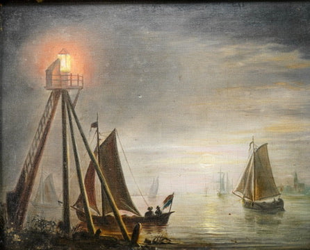 19th Century Moonlit Harbor Oil Painting on Panel After Petrus van Schendel