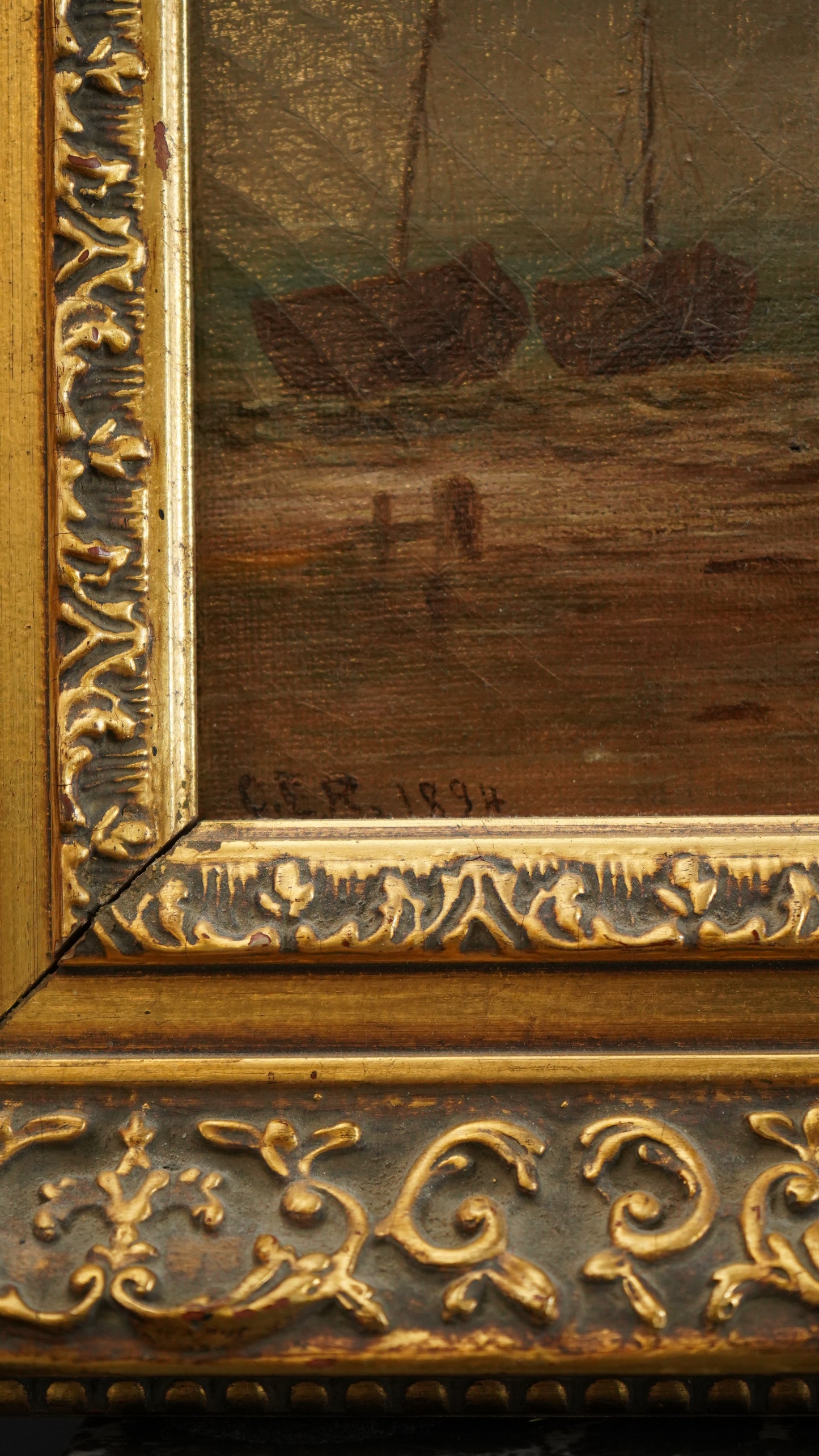 1894 Dutch Winterscape Oil Painting with Monogram in Antique Gilt Victorian Frame
