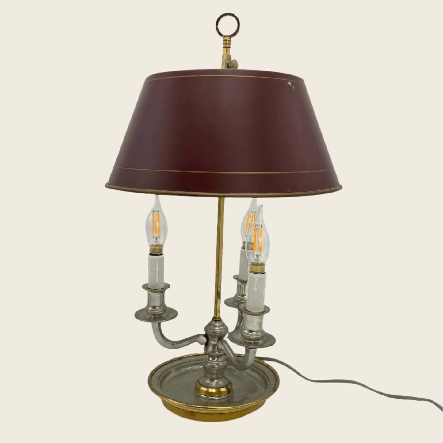 Vintage French Bouillotte Lamp with Maroon Metal Shade