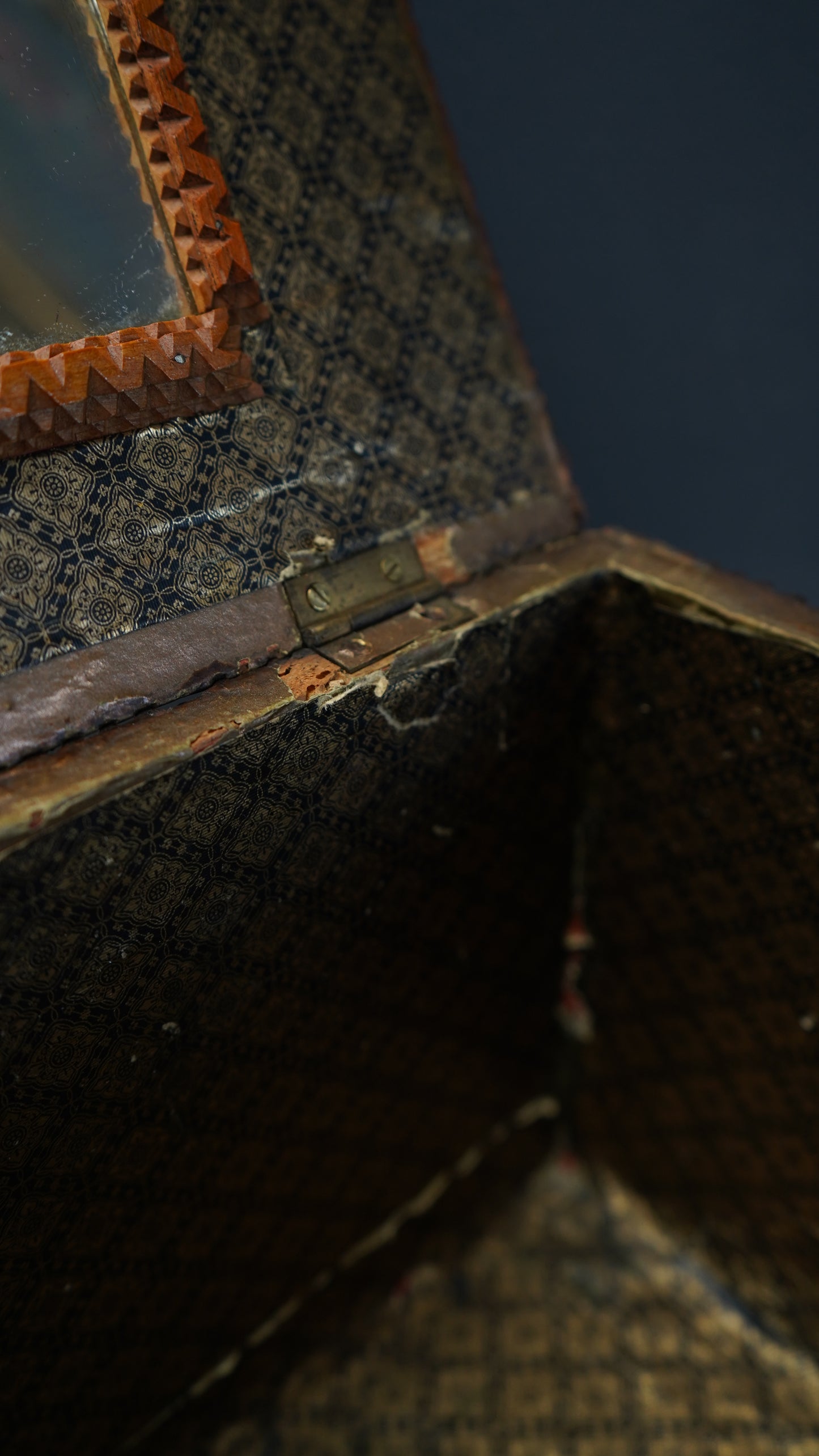 Antique Tramp Art Sewing Box with Drawers and Mirror, Hand-Carved Folk Art Keepsake Chest, Late 19th Century