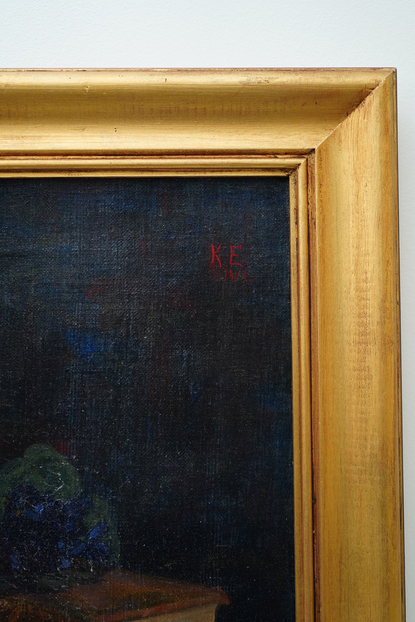 Antique 1905 Oil Painting Still Life with Fruit, Book & Earthenware Jar | Signed K.E.