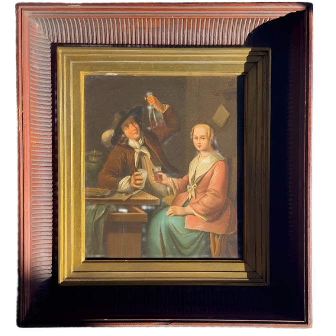 Antique Dutch Tavern Scene Oil Painting on Tin | 19th Century Genre Artwork in Ornate Frame