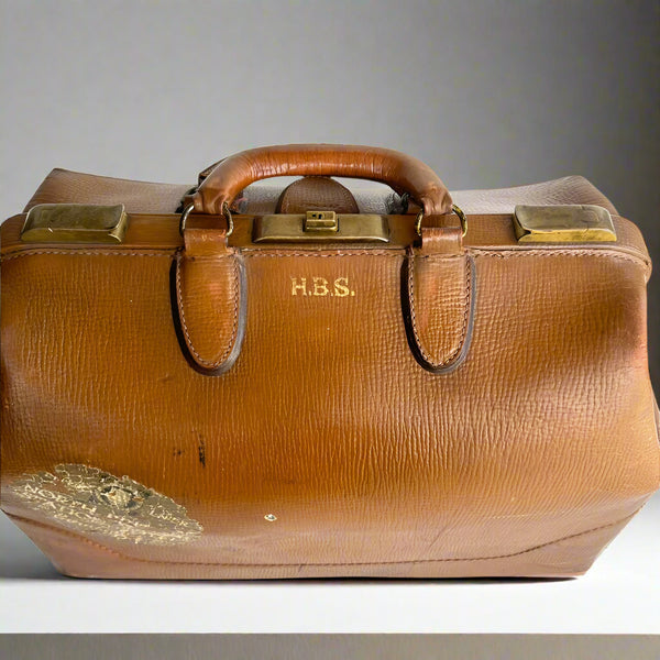 Antique Cowhide Leather Doctor’s Bag with Monogram “H.B.S.” – Early 20th Century Travel Satchel secondary view