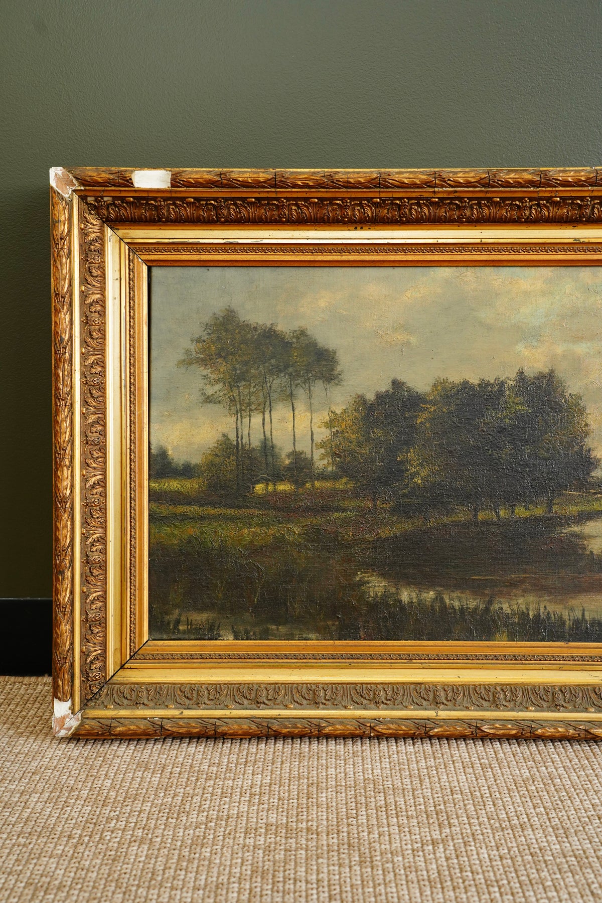 Antique European Moody River Landscape Oil Painting