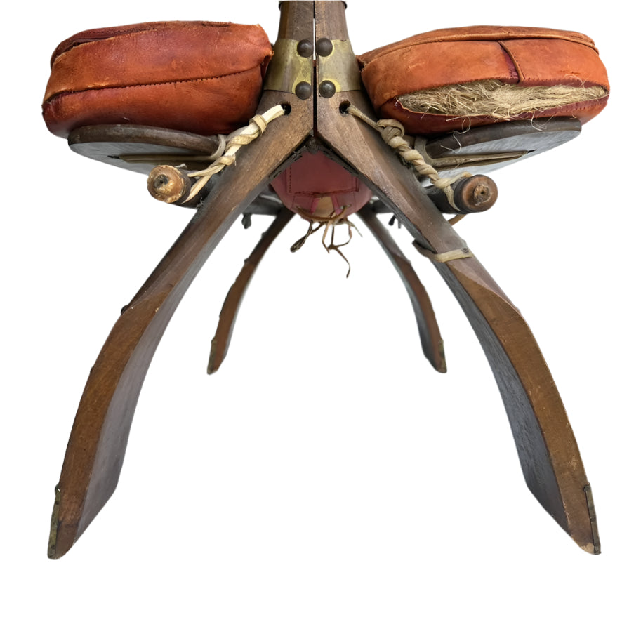 Vintage Middle Eastern Camel Saddle Stool with Embossed Leather Cushion & Brass Accents (c. 1950s)
