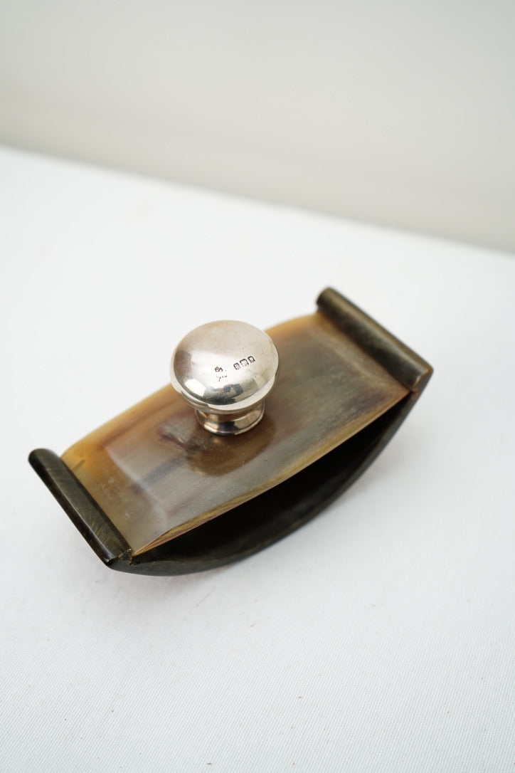 Antique Rocking Desk Ink Blotter, Horn and Hallmarked Silver Knop, English c. 1900