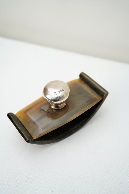 Antique Rocking Desk Ink Blotter, Horn and Hallmarked Silver Knop, English c. 1900
