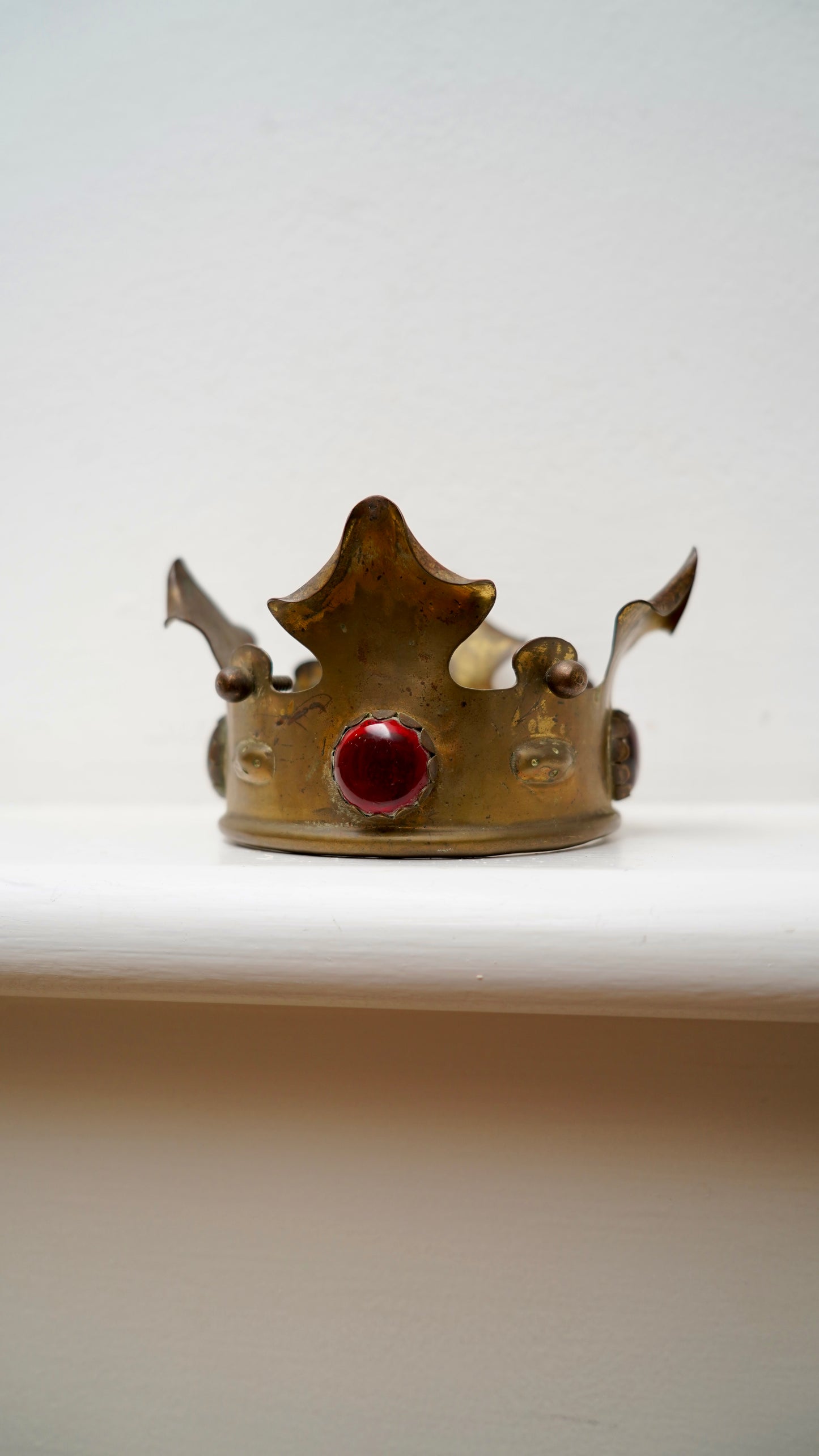 Antique Brass Crown Mount with Red Glass Jewels | Gothic Revival Altar Ornament c.1880–1920