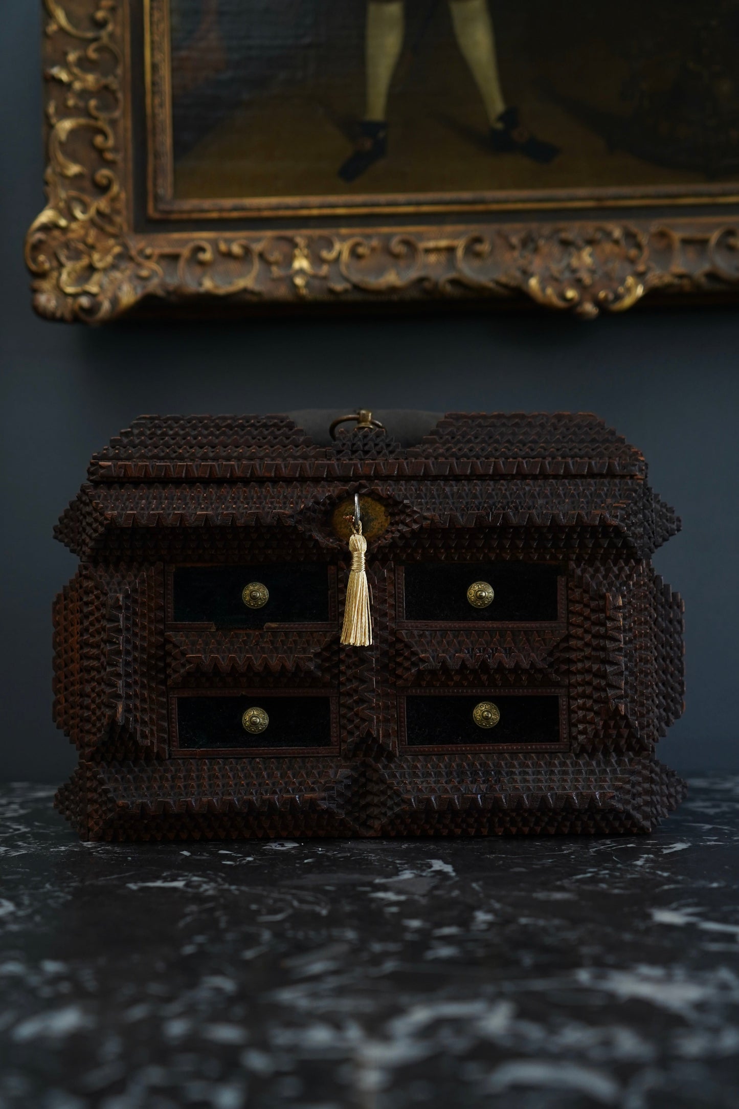 Antique Tramp Art Sewing Box with Drawers and Mirror, Hand-Carved Folk Art Keepsake Chest, Late 19th Century