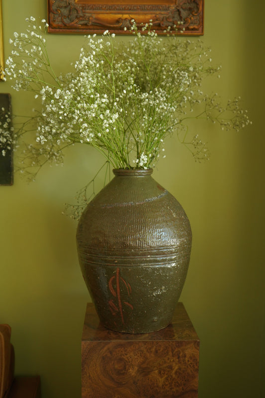 Decorative vase with baby's breath on a green wall