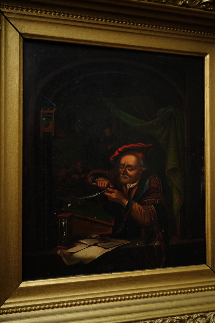 Antique Dutch Genre Oil on Metal Painting, “The Scholar” Pendant to “The Dentist”