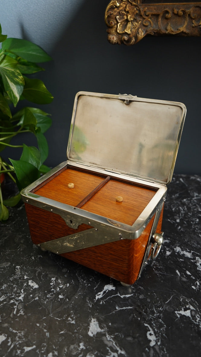 Antique English Oak and Silver-Plated Twin Tea Caddy | John Grinsell & Sons, c.1895–1910