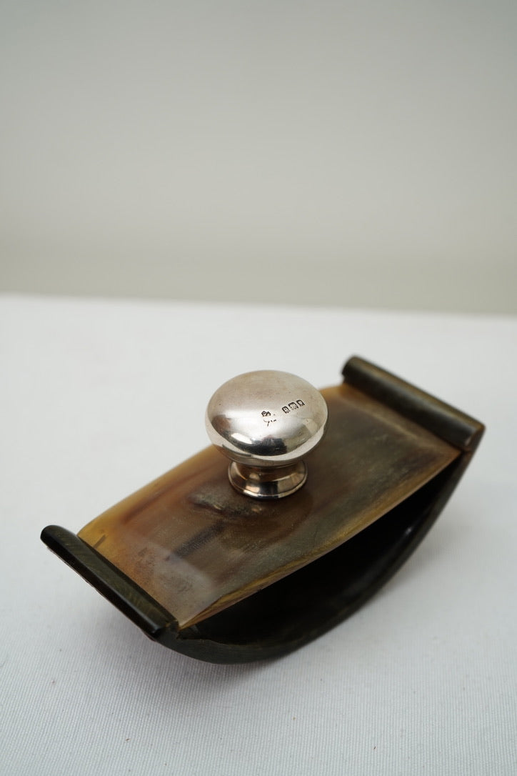 Antique Rocking Desk Ink Blotter, Horn and Hallmarked Silver Knop, English c. 1900