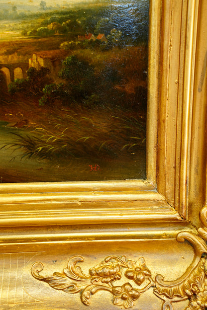 Signed Antique Dutch School Cattle Oil Painting River Landscape