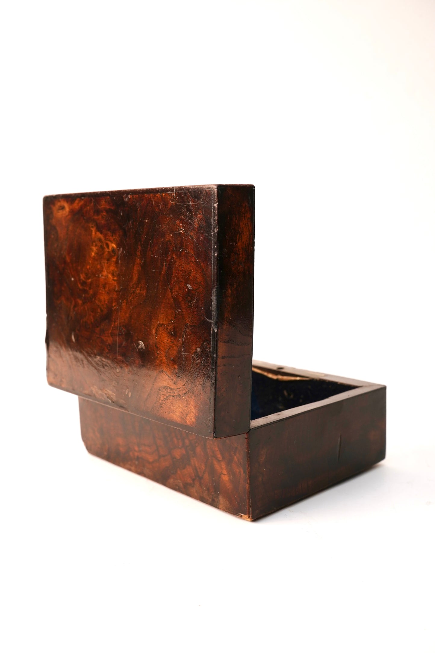 Miniature Antique English Burr Walnut Veneer Trinket Box with Blue Lining