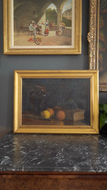 Antique 1905 Oil Painting Still Life with Fruit, Book & Earthenware Jar | Signed K.E.