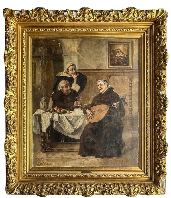 Late 1800s Monk Oil Painting Attributed to Heinrich Weber (1843-1913) in Ornate Gilded Frame