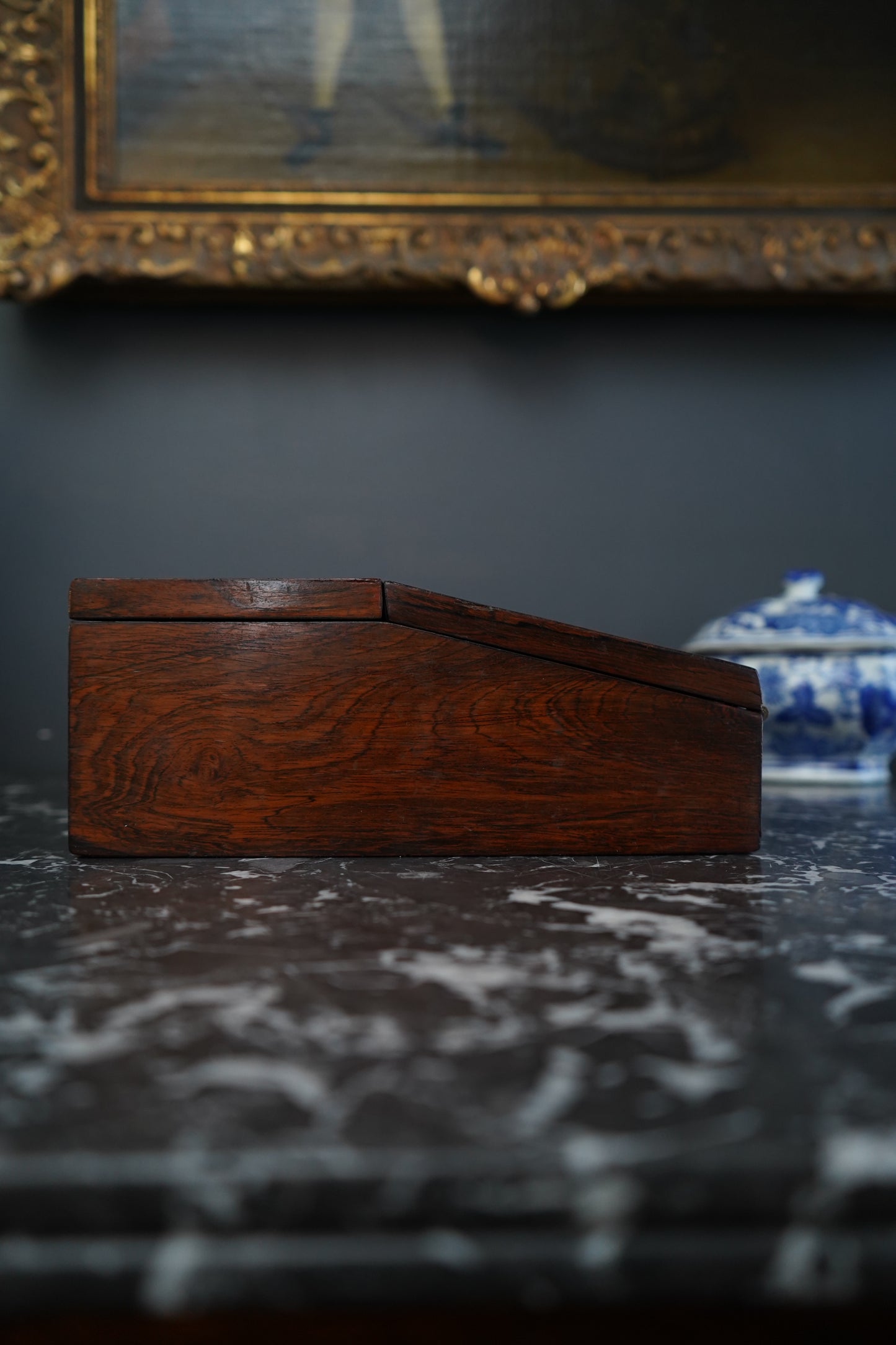 Antique Rosewood Writing Slope with Velvet Writing Surface and Inscriptions, Mid-19th Century