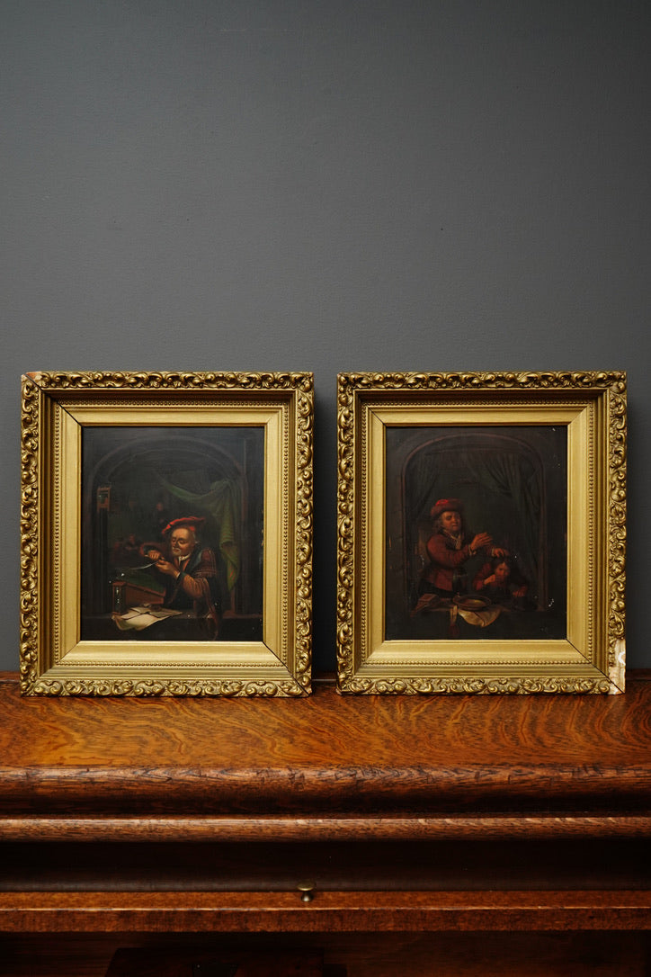 Antique Dutch Genre Oil on Metal Painting, “The Scholar” Pendant to “The Dentist”