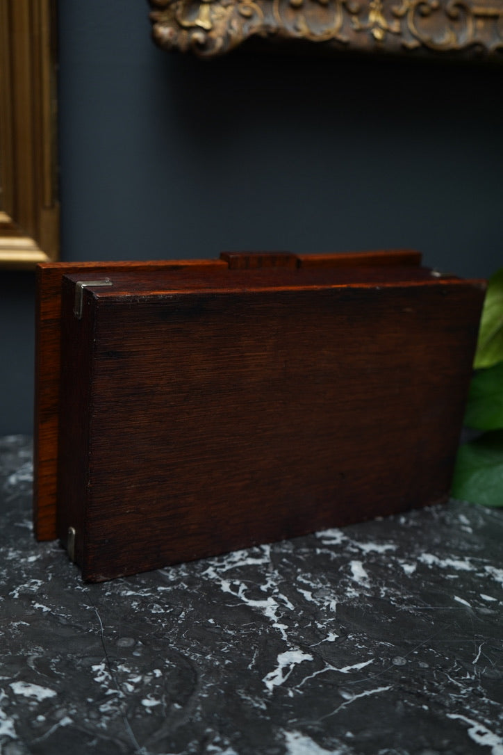 Antique Edwardian Oak & Silver-Plated Two-Compartment Stationery Box with Handle