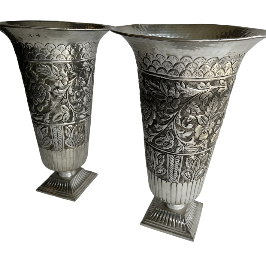 Large Pair of Vintage Silver Plated Repousse Urns