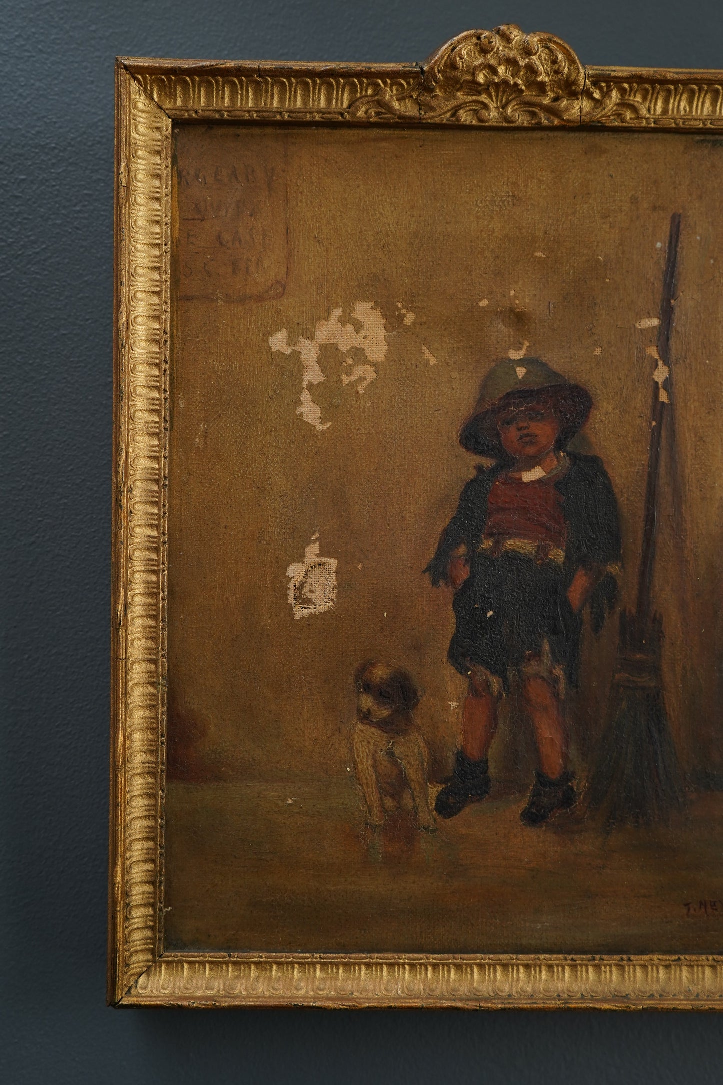 British School Oil Painting of Street Sweeper Boy with Dog, c. 1890–1915